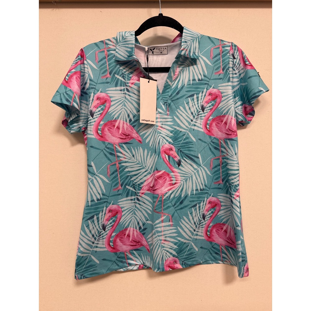 Yatta Golf Womens Flamingo Tropical Print Performance Polo Shirt Medium NWT